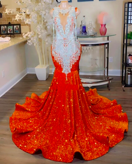 Shiny Orange Prom Dresses For Women 2023 O-neck Sequin Mermaid Party Gowns Vestidos De Ocasion Formales Evening Dress