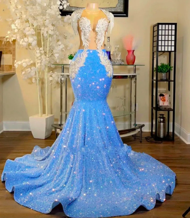 Glitter Light Sky Blue Sequins Prom Party Dresses 2023 Sexy Backless Lace Appliuqe Plus Size Arabic Style Birthday Party Evening Occasion Gowns