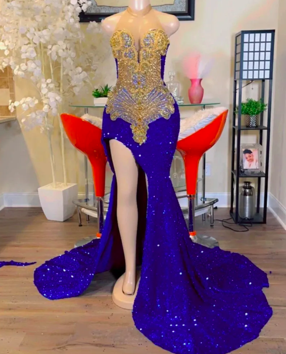 2023 Sexy Blackless Mermaid Prom Dresses Royal Blue Sequins Gold Beads Plus Size Formal Evening Occaison Gowns Robe De Soiree