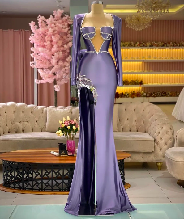 Purple Prom Dresses, Sweetheart Prom Dresses, Long Sleeve Prom Dresses, Sparkly Evening Dresses, Crystal Evening Dresses, Sexy Formal Dresses,