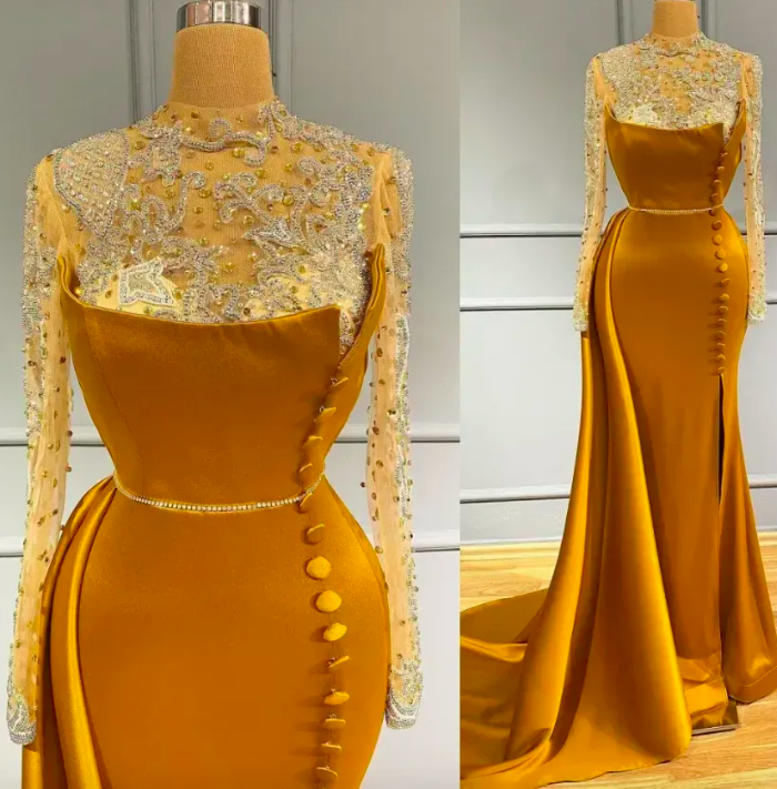 2023 Gold Prom Dresses Illusion Top Lace Applique High Collar Beaded Side Slit Long Sleeves Custom Made Evening Gown Formal Occasion Wear