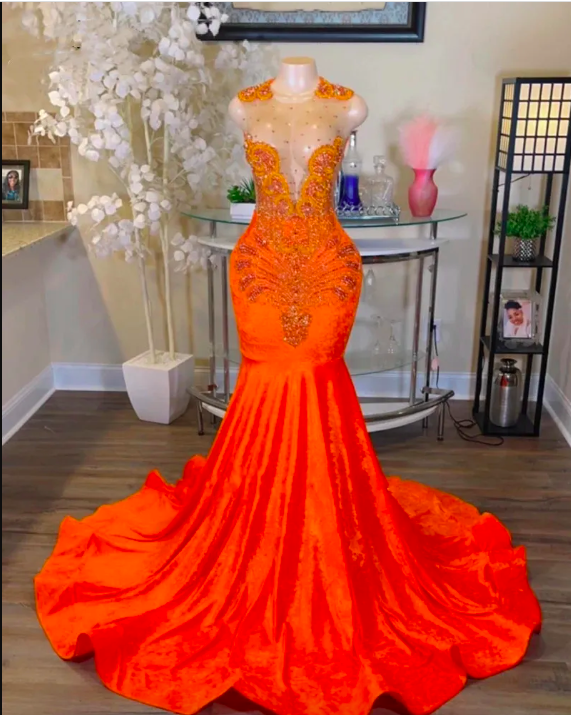Glitter Orange Prom Dress For Black Girls 2023 Sequin Crystal Plus Size Formal Evening Party Gowns Robe De Bal