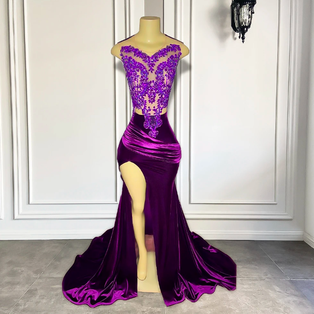 Purple Prom Dress, Side Slit Prom Dresses, Prom Dresses, Mermaid Evening Dresses, Custom Make Prom Dresses. Sexy Prom Dress, Velvet Prom