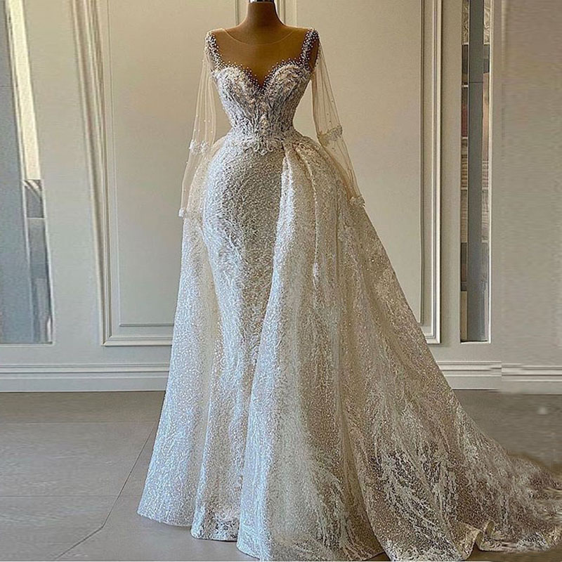 Sparkly Sequin Wedding Dresses African 2023 Bride Luxury Mermaid Beads Long Sleeves With Detachable Train Bridal Gowns