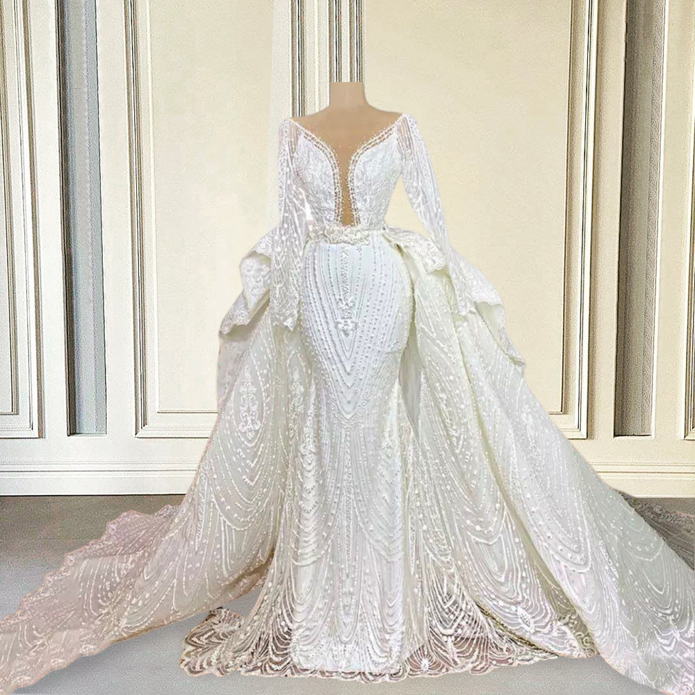 Luxury Lace Puffy Wedding Dresses 2023 For Bride Mermaid Bead Long Sleeve Detachable Train Dubai Bridal Gowns Plus Size