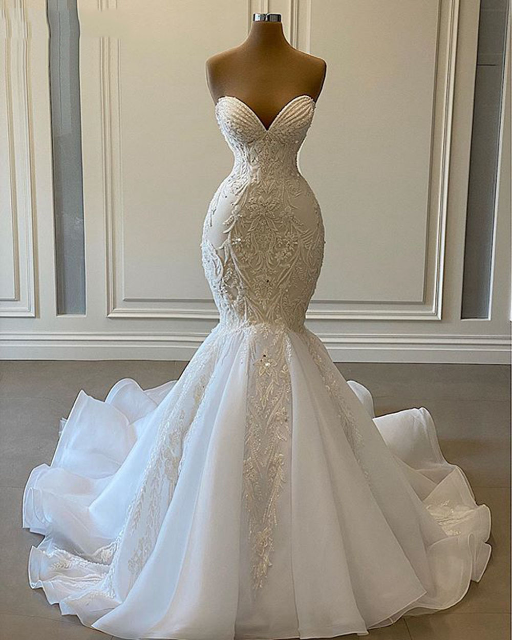 Luxury Crystal Beaded Mermaid African Wedding Dresses Plus Size 2023 Sweetheart Dubai Women White Organza Bridal Wedding Gowns