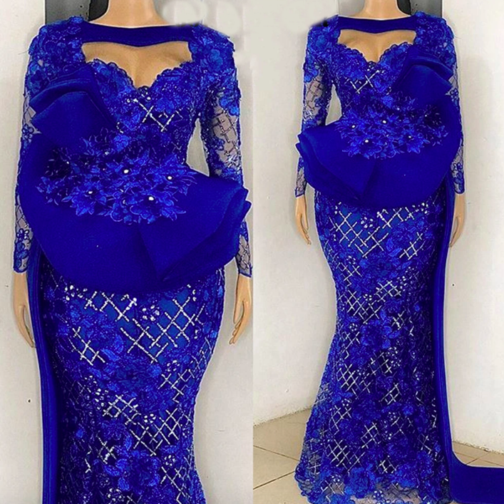 Aso Ebi African Royal Blue Lace Evening Dresses Long Sleeve Sweep Train Nigerian Mermaid Prom Dress For Ladies Custom Made