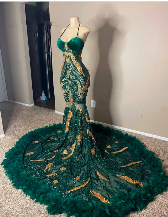 Dark Green And Gold Sequined Lace Prom Dresses For Black Girls Luxury Feathers Halter Mermaid Birthday Dresses Cocktail Gown