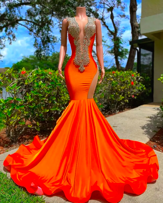 Backless Orange Long Prom Dresses For Black Girls Mermiad Wedding Dress V Neck Birthday Party Gown Beaded Satin Abends Kleider