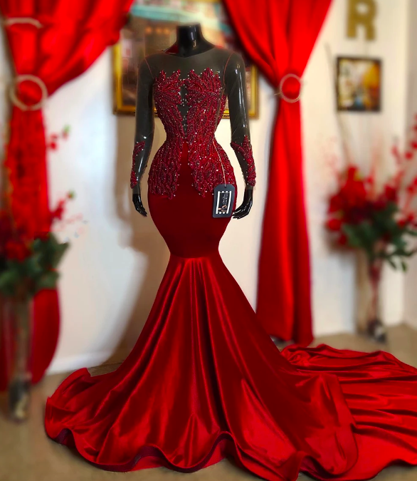 Elegant Beaded Appliques Velvet Prom Dresses Long Sleeve Luxury Gowns Elegant Evening Dress For Wedding Party Mermaid Black Girl