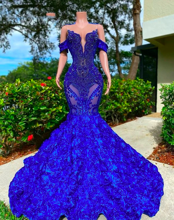 Luxury Royal Blue Ruched Flowers Prom Dresses For Black Girls Off The Shoulder Mermaid Evening Gowns Ruched Flowers Elegant Robe
