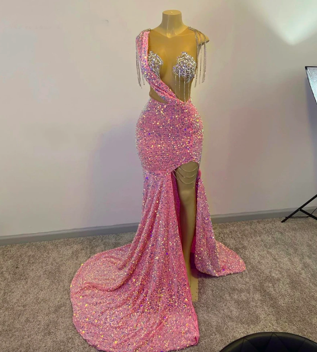 Sexy Pink Sequin Prom Dresses For Black Girls Silver Tassesl Luxury Dress For Gala Party 2023 Weding Party Dress Mermaid Slit
