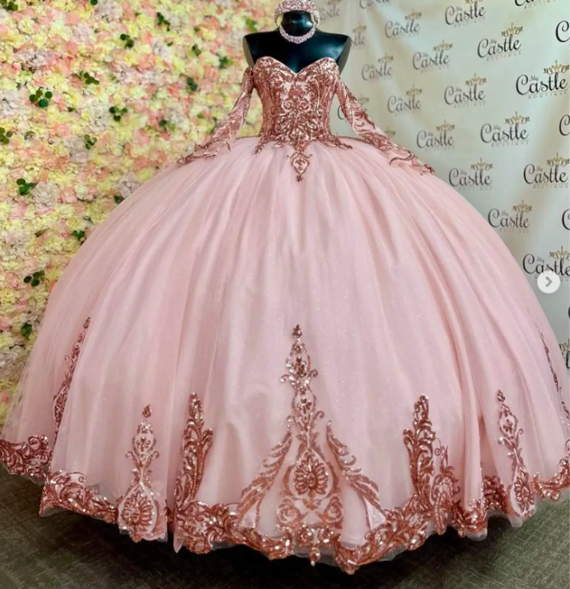Rose Gold Three Quarter Sleeve Quinceanera Dresses Sequin Appliques Ball Gown Birthday Gown Lace-up Vestidos De 15 Quinceañera