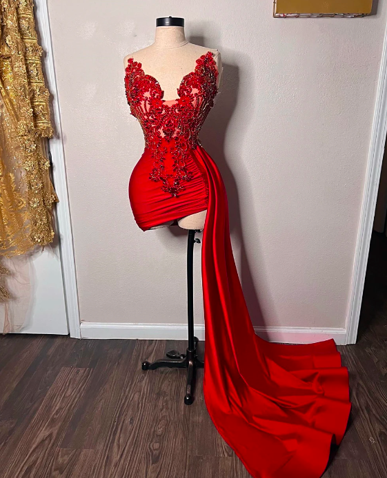 Red Beaded Appliques Prom Dresses With Train Mermaid Birthday Party Dress Sweetheart Mini Cocktail Gown Luxury Satin Vestidos