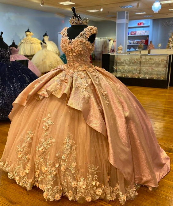 Sparkly Ruffels Quinceanera Dresses 3d Flowers Corset Sweet 16 Dress Ball Gown Dress For Birthday Prom Vestidos De 15 Años