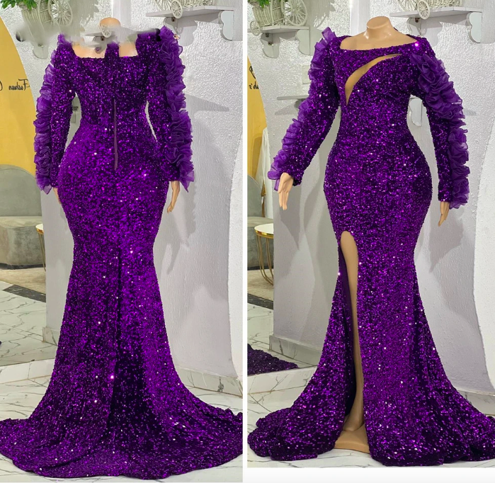 African Purple Sequin Evening Dresses Long 2022 Party Dress Long Sleeve Elegant Dinner Gowns Aso Ebi Wedding Party Gown