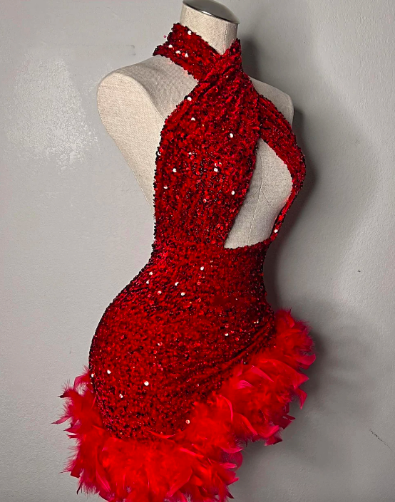 Red Feathers Sequin Prom Dresses Halter Homecoming Dress African Criss Cross Party Gown Mermaid Mini Cocktail Gowns Vestidos