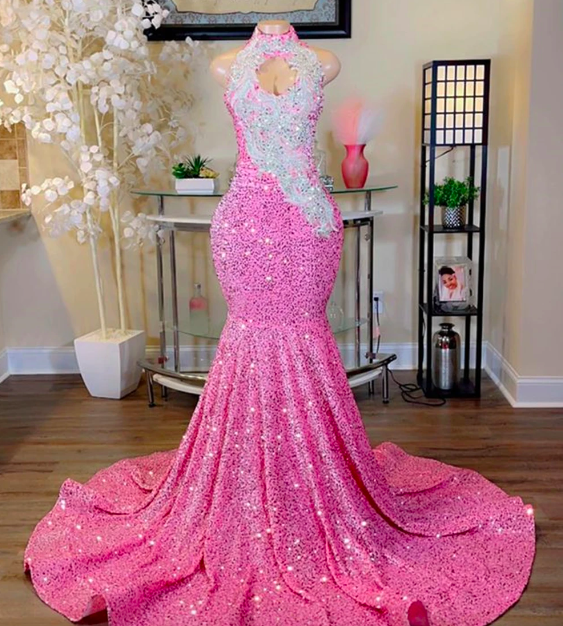 Pink Sequin Halter Mermaid Prom Dresses 2023 For Black Girl Silver Beaded Appliques Cocktail Dress Elegant Formal Occasion Gowns
