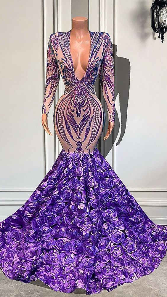 Purple Prom Dresses, Long Sleeve Prom Dresses, Prom Dresses, Deep V Neck Prom Dresses, Custom Make Prom Dresses, Evening Gowns, Sexy Prom