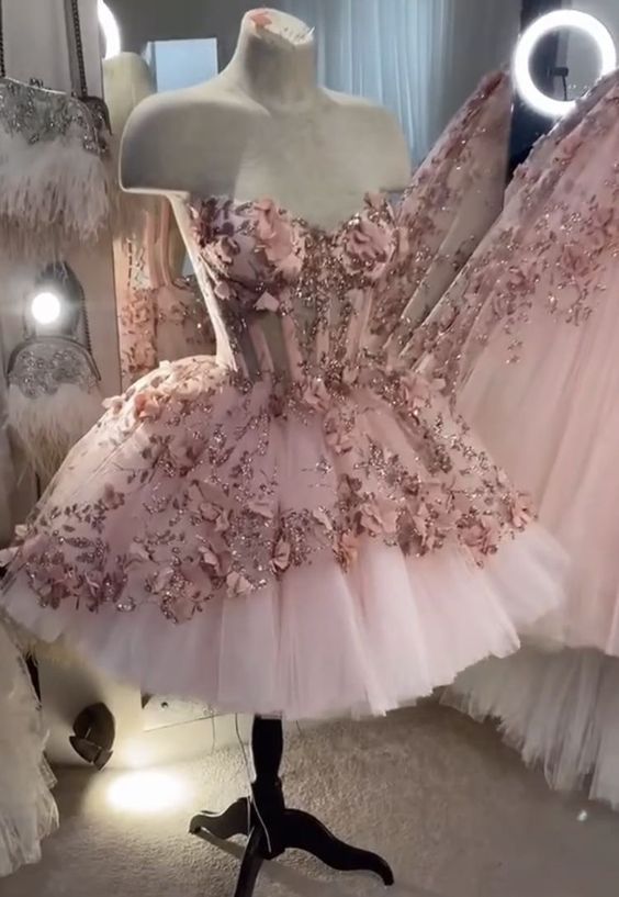 Pink Prom Dresses, Hand Made Flowers Evening Dresses, 3d Flowers Evening Gowns, Short Prom Dresses, Party Dresses, 2023 Prom Dresses, Sexy
