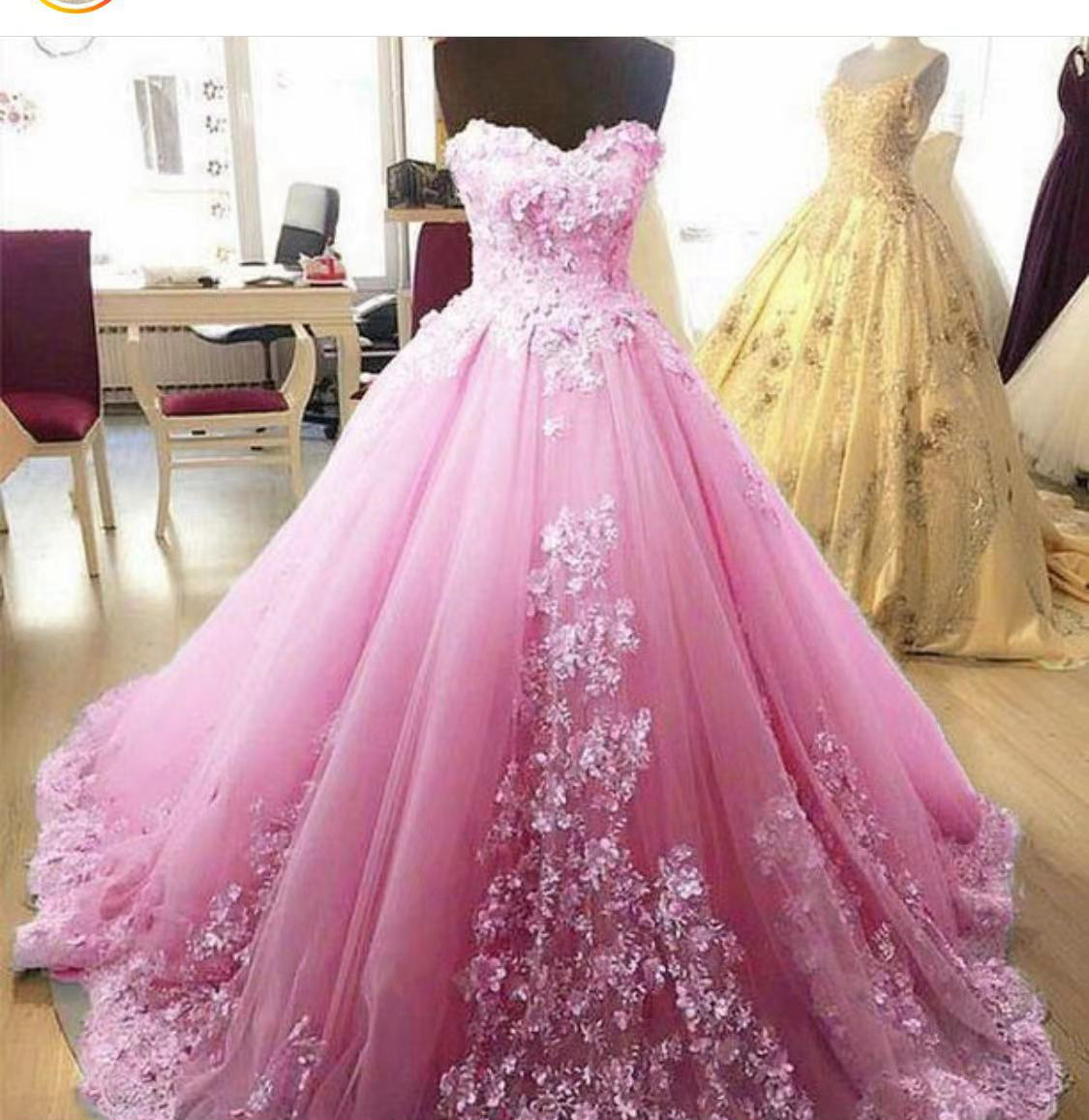 Pink Prom Dresses, Flowers Prom Dresses, Tulle Prom Dresses, Ball Gown Prom Dresses, 3d Flowers Prom Dresses, Pink Evening Dresses, Tulle Prom