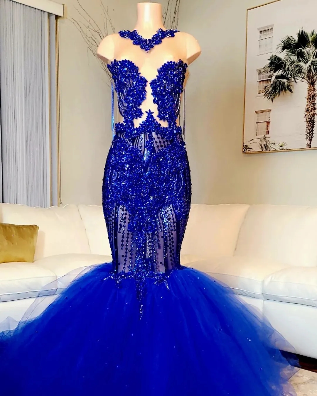2023 Arabic Aso Ebi Royal Blue Prom Dresses Beaded Crystals Luxurious Evening Formal Party Second Reception Birthday Engagement Gowns Dress
