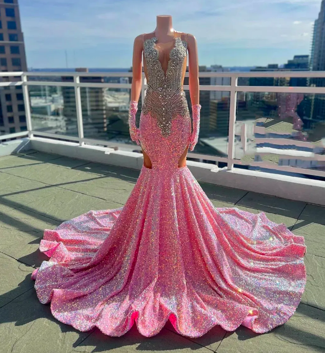 Glitter Pink Sequins Mermaid Evening Dresses 2023 For Black Girls Mesh Nek Beaded Crystal Formal Party prom Gown With Golves Robe De Bal