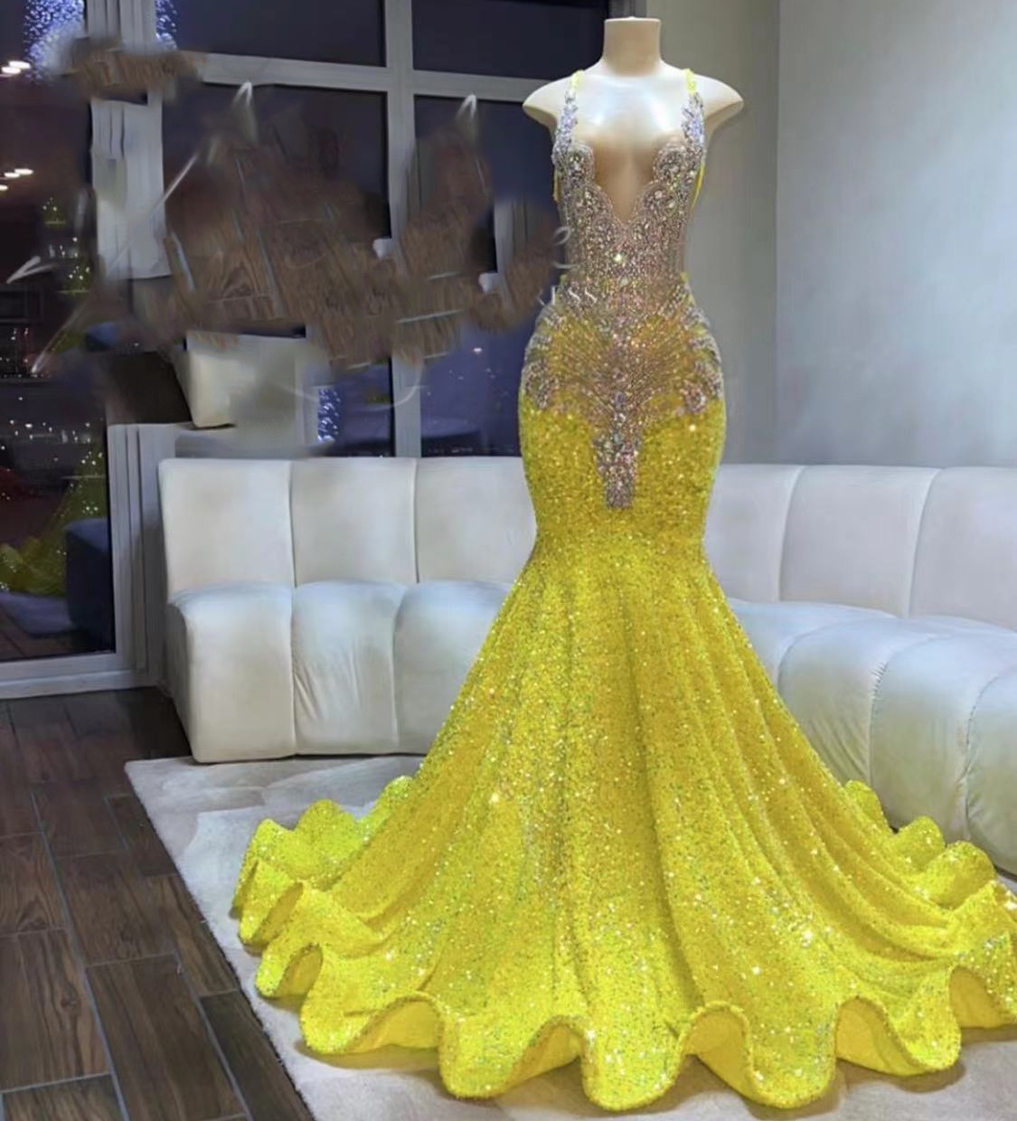Yellow Prom Dresses, Sparkly Evening Dresses, Sexy Evening Gowns, Crystal Prom Dresses, Deep V Neck Prom Dresses, Mermaid Evening Dresses,