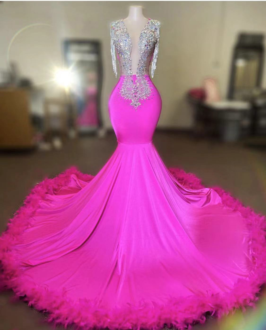 Pink Prom Dresses, Feather Prom Dresses, Mermaid Prom Dresses, Prom Dresses, Sexy Evening Dresses, Custom Make Evening Dresses, Lace Evening