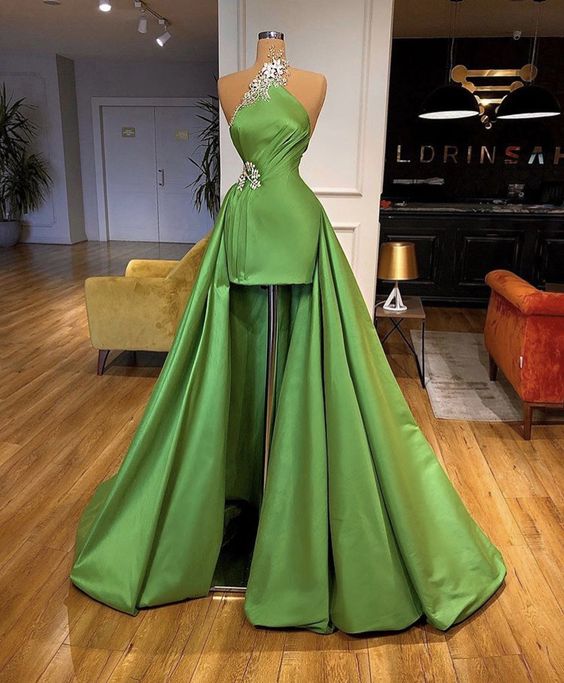 Green Prom Dresses, Ball Gown Prom Dresses, Satin Prom Dresses, Dress With Detachable Train, Pleats Prom Dresses, Crystal Evening Dresses, Green