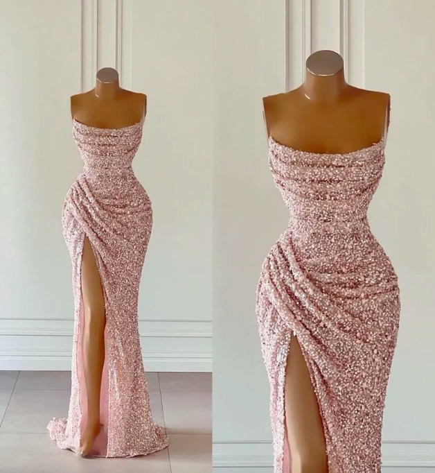 Rose Gold Pink Sequins Prom Dresses Sexy Mermaid Strapless Split High Evening Gowns African Girls Formal Party Occasion Gowns