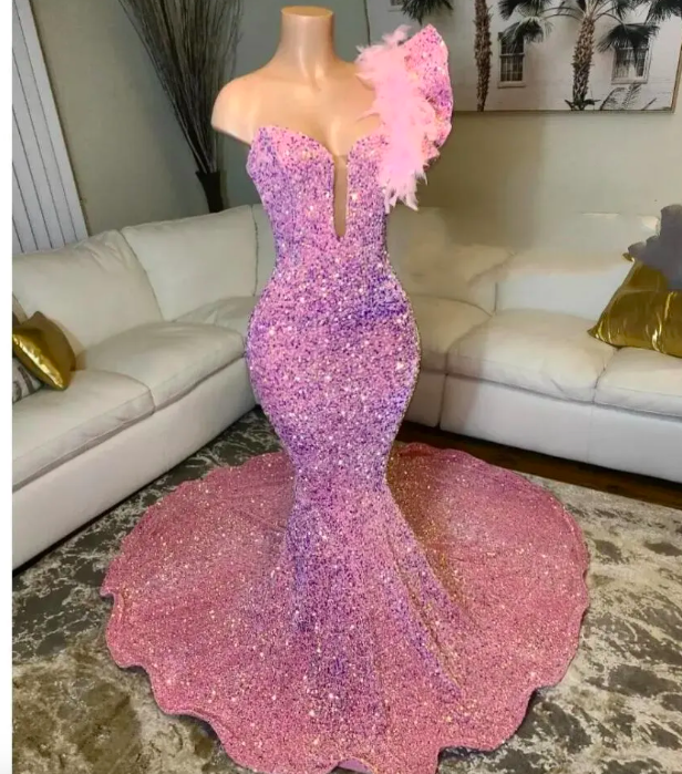 Arabic Aso Ebi Pink Mermaid Prom Dresses Gilter Sequins Beaded Feather One Shoulder Evening Reception Birthday Engagement Gowns