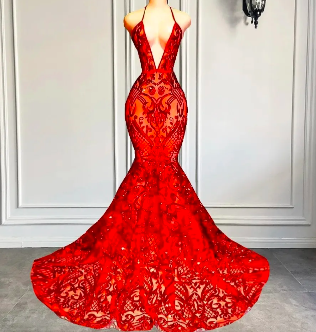 Sexy Halter Red Trumpet Prom Dresses Glitter Sequined Lace Arabic Aso Ebi Elegant Evening Gowns Long Mermaid Women Second Reception Party Dress