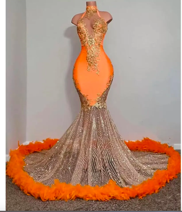 Black Girls Orange Mermaid Prom Dresses 2023 Satin Beading Sequined High Neck Feathers Luxury Skirt Evening Party Formal Gowns