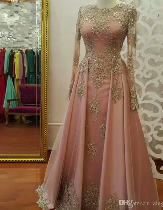 Blush Rose Gold Long Sleeve Evening Dresses For Women Wear Lace Appliques Crystal Abiye Dubai Caftan Muslim Prom Party Gowns