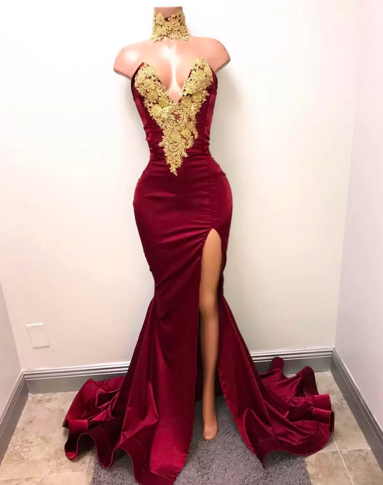 Burgundy Mermaid Prom Dress Lace Appliques Sexy Slit Deep V-neck Evening Gowns Formal Dresses
