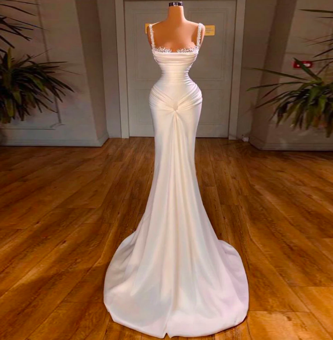 Gorgeous White Mermaid Prom Dress With Ruffles and Spaghetti-Straps Pearls main image 1