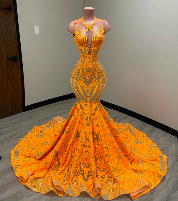 Sparkly Orange Mermaid Prom Dresses 2023 Sexy Glitter Sequins Birthday Graduation Homecoming Party Gowns Robe De Bal