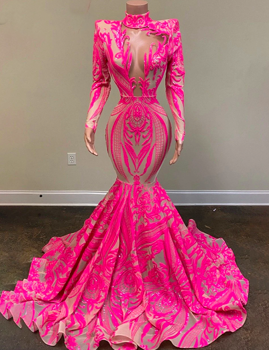 Sexy Glitter Pink Sequins Mermaid Prom Dress For Black Girls 2023 Long Sleeves High Neck Eveing Dress Robe De Bal