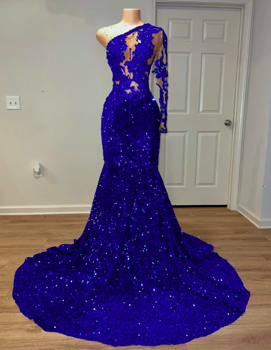 Luxury Royal Blue Sparkly Mermaid Prom Dress 2023 One Shoulder Glitter Sequin Crystals Sexy Party Gown Robe De Bal