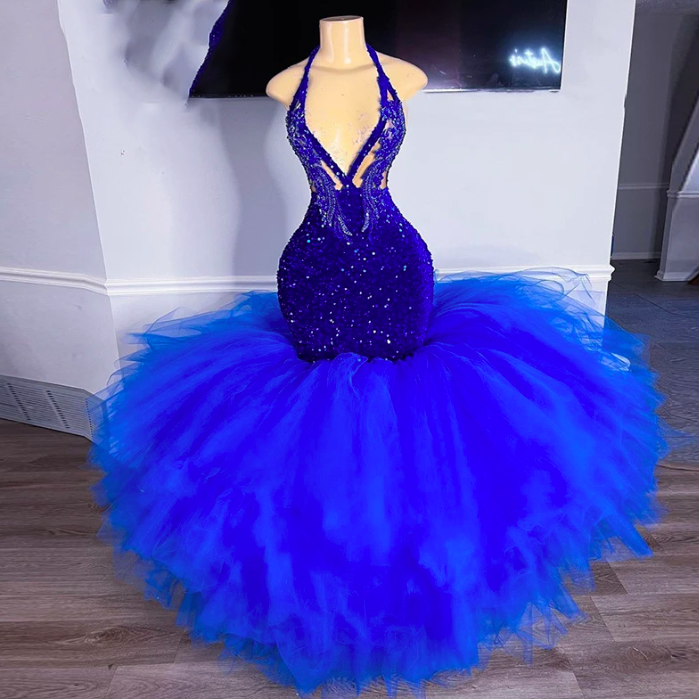 2023 Royal Blue Sequins Prom Dresses Sexy 2023 For Black Girls Halter Ruffles Crystals Party Gowns Robe De Bal Open Back