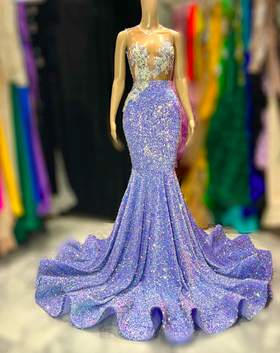 Sparkly Purple Mermaid Prom Dress Crystal Rhinestone Sheer Mesh Illusion Party Dress Homecoming Gown Robe De Bal