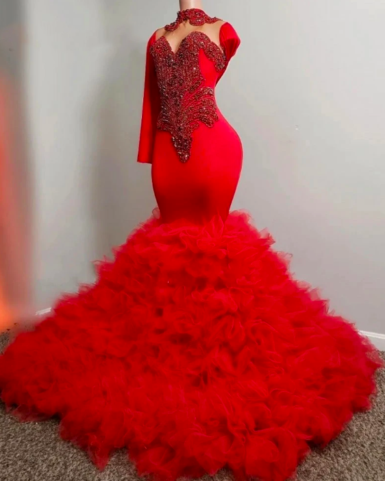 Sexy Red Mermaid Prom Dress 2023 Luxury For Black Girls Long Sleeve Crystal Rhinestones Ruffles Party Gowns Robe De Bal