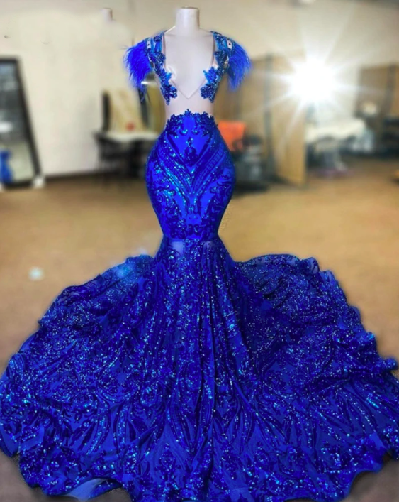 Sparkly Royal Blue Sequins Illusion Mermaid Prom Dresses 2023 V-neck Feathers Sexy Party Gowns Robe De Bal Court Train