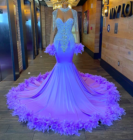 Light Purple Feathers Long Sleeve Prom Dresses For Black Girl Tassels Mermiad Evening Dress For Wedding Party Gown Crystal Beads