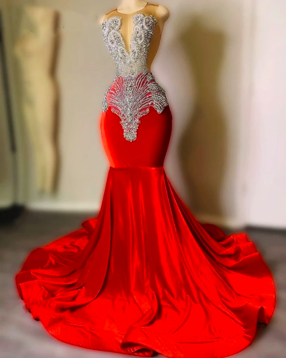 Sexy Sparkly Red Mermaid Prom Dress 2023 Beading Crystal Rhinestone Graduation Party Dress Robe De Bal