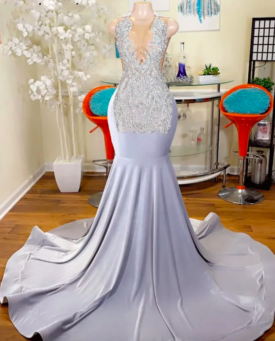 Silver Satin Mermaid Prom Dress 2023 Sheer Neck Mesh Beading Sequins Evening Party Gown Court Train Robe De Bal