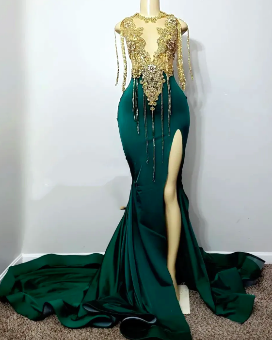 2023 Arabic Aso Ebi Hunter Green Prom Dress Mermaid Lace Beaded Evening Formal Party Second Reception Birthday Engagement Gowns Dresses Robe De