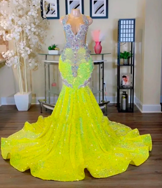 Sparkly Yellow Mermaid Prom Dresses 2023 Sheer Neck Crystals Rhinestones Luxury Plus Size Birthday Party Gowns Robe De Bal