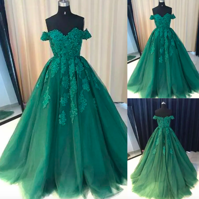 A-line Prom Dresses Off The Shoulder Green Lace Applique Prom Gowns, Formal Women Dress